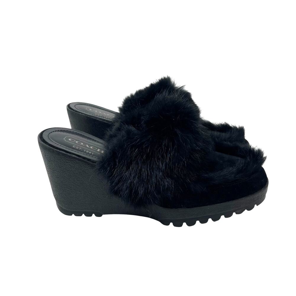 Coach Kaela Black Suede Rabbit Fur Wedge Mules - Clogs - Size 7.5
